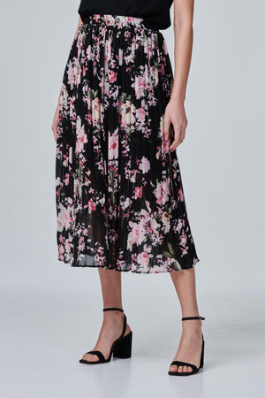 Black | Floral Pleated High Waist Skirt