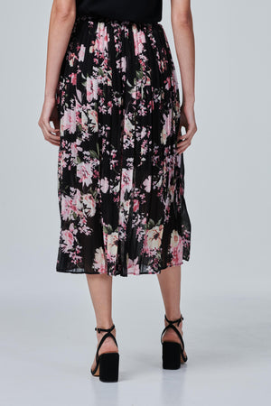 Black | Floral Pleated High Waist Skirt