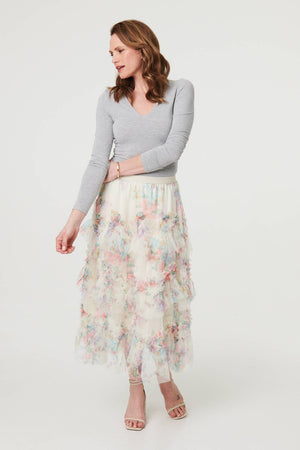 Cream | Floral Semi Sheer Mesh Ruffled Midi Dress : Model is 5'9