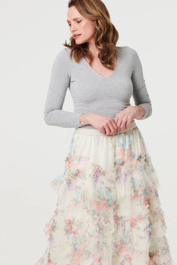 Cream | Floral Semi Sheer Mesh Ruffled Midi Dress
