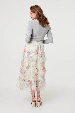 Cream | Floral Semi Sheer Mesh Ruffled Midi Dress
