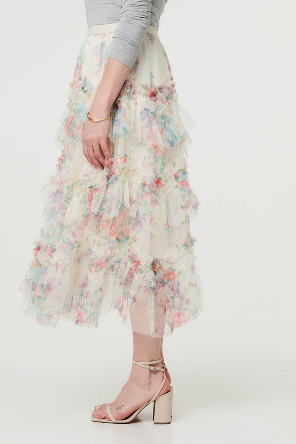 Cream | Floral Semi Sheer Mesh Ruffled Midi Dress
