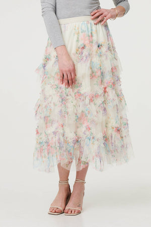 Cream | Floral Semi Sheer Mesh Ruffled Midi Dress
