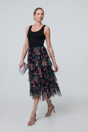Black | Floral Semi Sheer Mesh Ruffled Midi Dress
