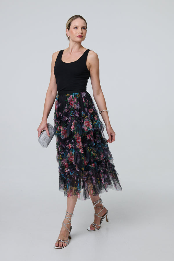 Black | Floral Semi Sheer Mesh Ruffled Midi Dress
