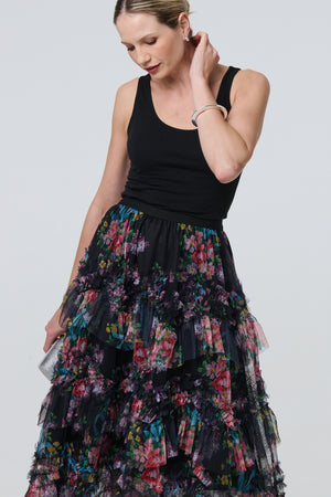 Black | Floral Semi Sheer Mesh Ruffled Midi Dress
