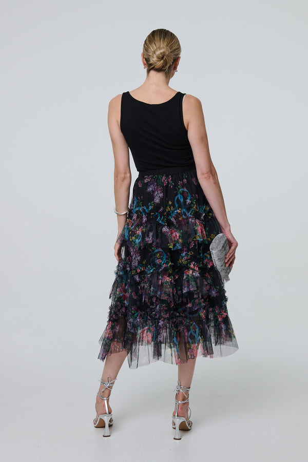 Black | Floral Semi Sheer Mesh Ruffled Midi Dress
