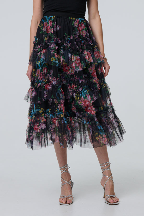 Black | Floral Semi Sheer Mesh Ruffled Midi Dress
