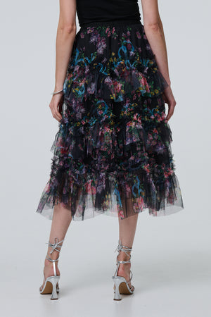 Black | Floral Semi Sheer Mesh Ruffled Midi Dress
