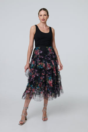 Black | Floral Semi Sheer Mesh Ruffled Midi Dress : Model is 5'10