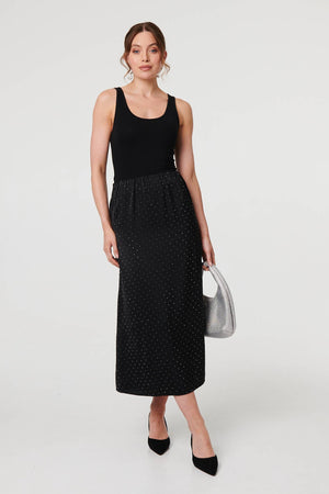 Black | Diamante Detail High Waist Midi Skirt
