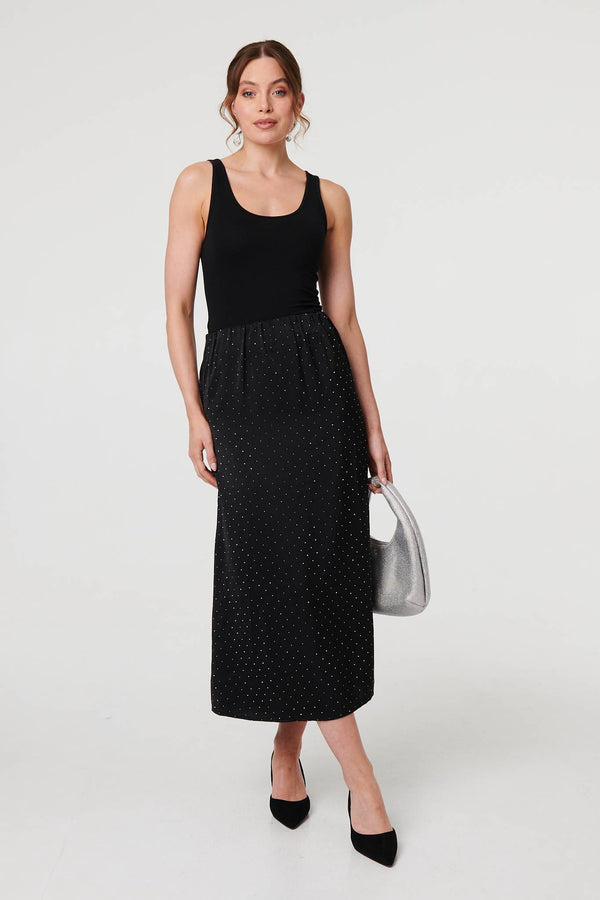 Black | Diamante Detail High Waist Midi Skirt
