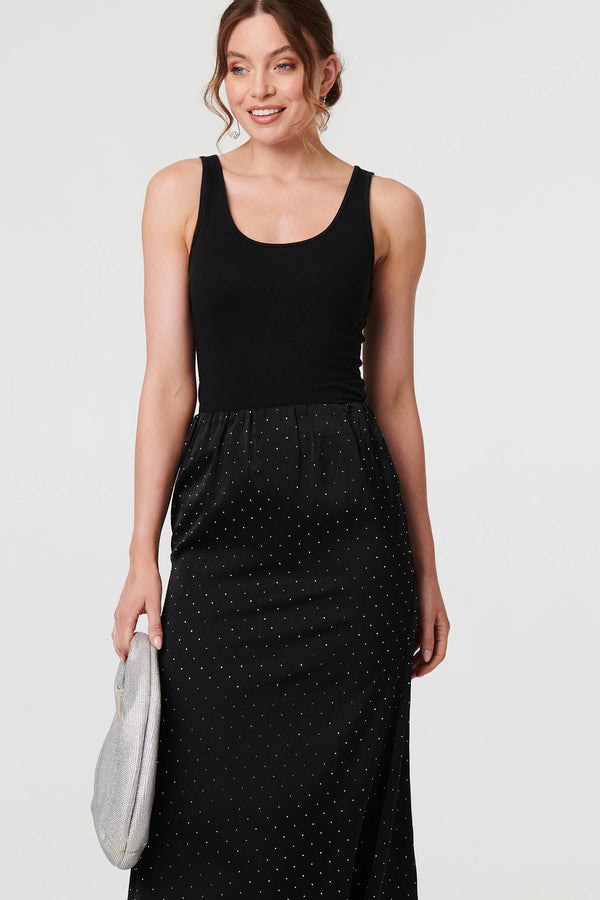 Black | Diamante Detail High Waist Midi Skirt
