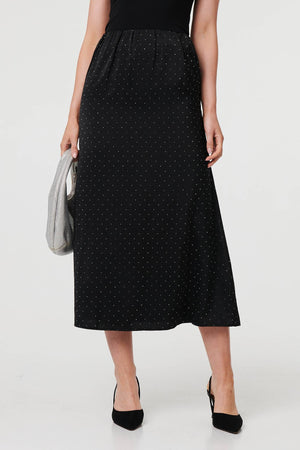 Black | Diamante Detail High Waist Midi Skirt
