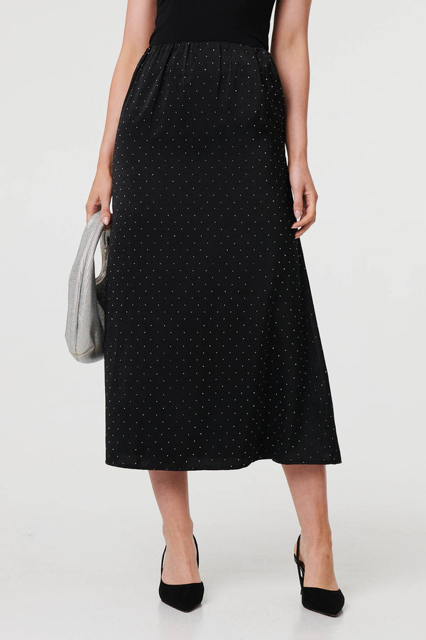 Black | Diamante Detail High Waist Midi Skirt
