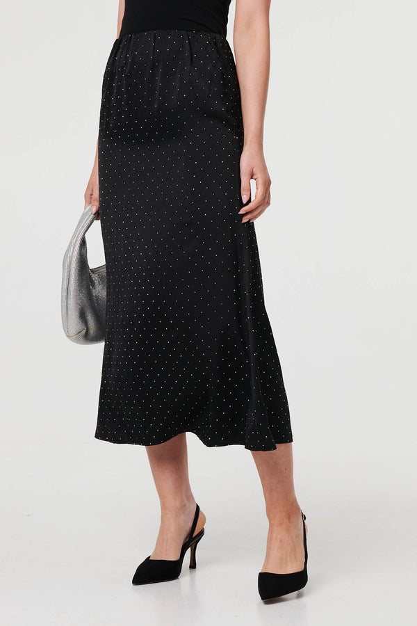 Black | Diamante Detail High Waist Midi Skirt
