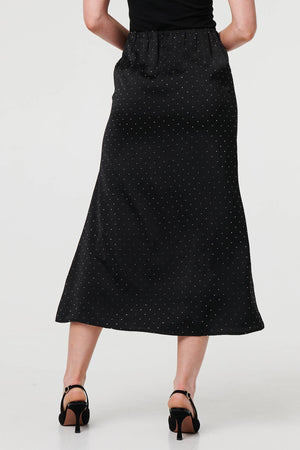 Black | Diamante Detail High Waist Midi Skirt

