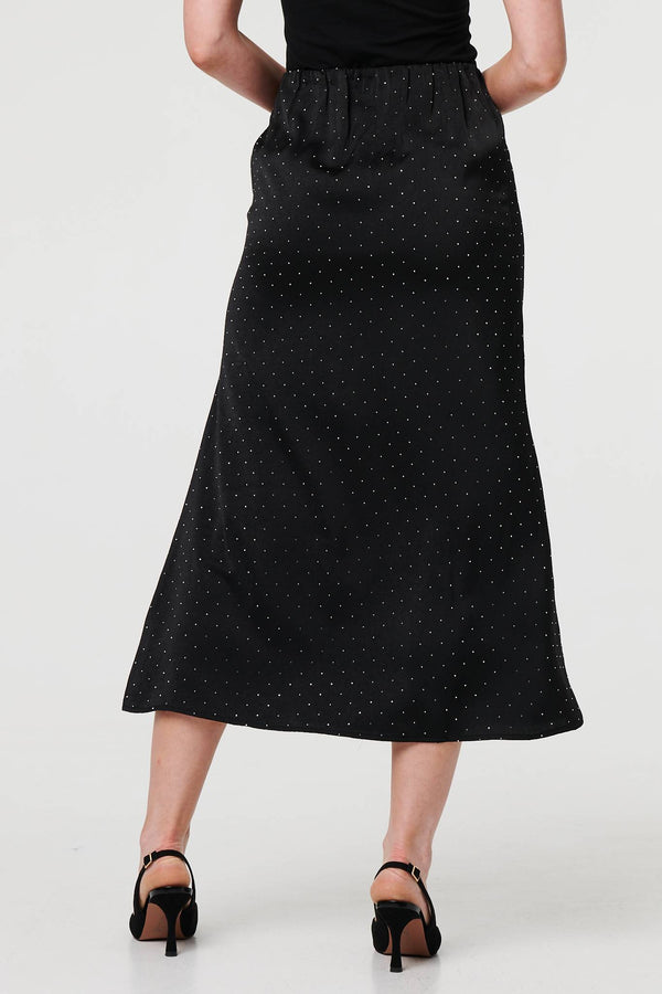 Black | Diamante Detail High Waist Midi Skirt
