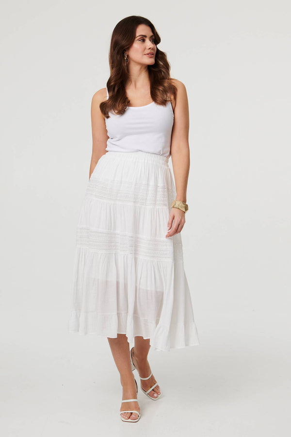 White | High Waist Lace Tiered Midi Skirt