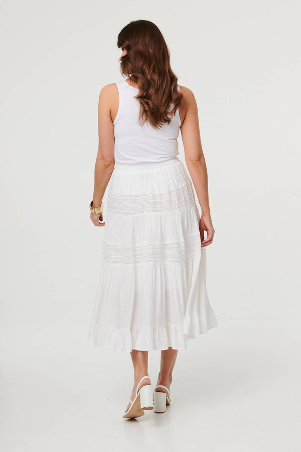 White | High Waist Lace Tiered Midi Skirt