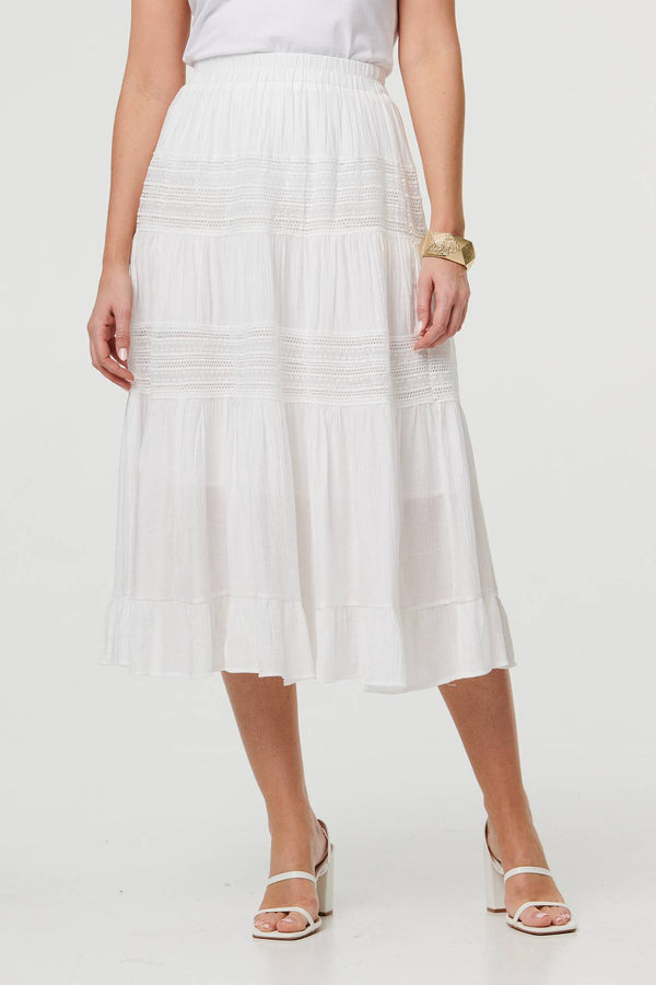 White | High Waist Lace Tiered Midi Skirt