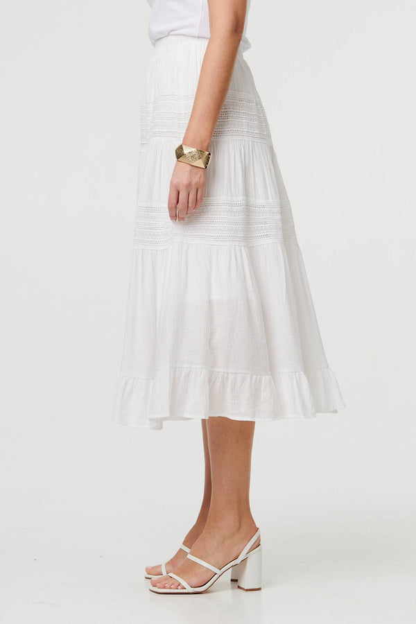 White | High Waist Lace Tiered Midi Skirt