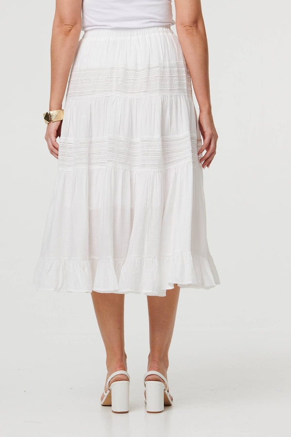 White | High Waist Lace Tiered Midi Skirt