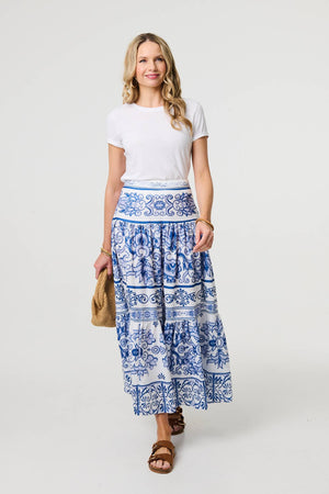 Blue | Mosaic Print High Waist Tiered Maxi Skirt

