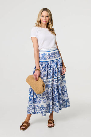 Blue | Mosaic Print High Waist Tiered Maxi Skirt
