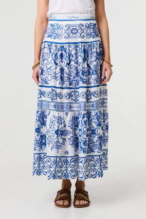 Blue | Mosaic Print High Waist Tiered Maxi Skirt
