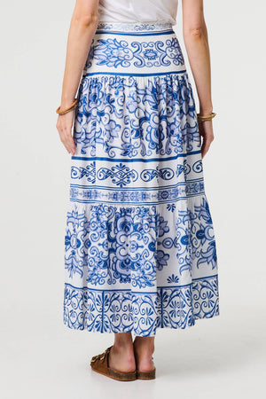 Blue | Mosaic Print High Waist Tiered Maxi Skirt
