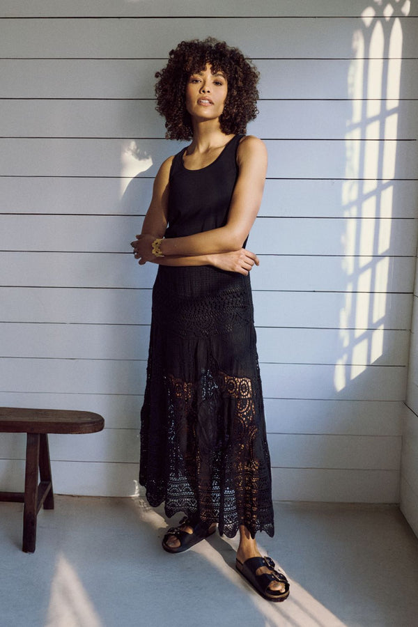 Black | Floral Crochet Mesh Layered Maxi Skirt : Model is 5'8"/172 cm and wears UK8/EU36/US4/AUS8