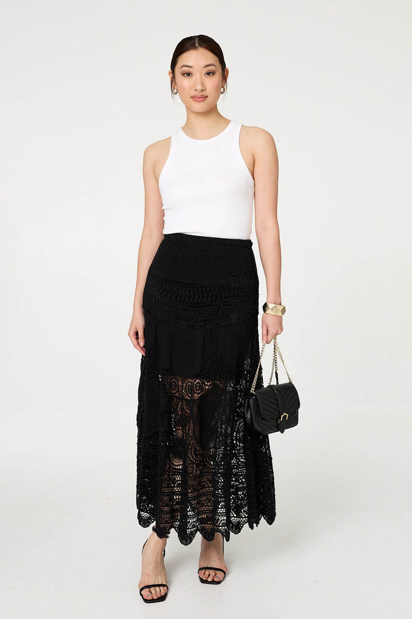 Black | Floral Crochet Mesh Layered Maxi Skirt