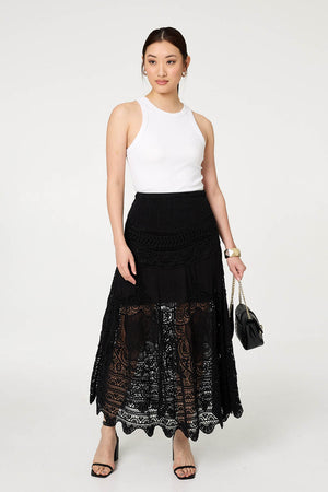 Black | Floral Crochet Mesh Layered Maxi Skirt