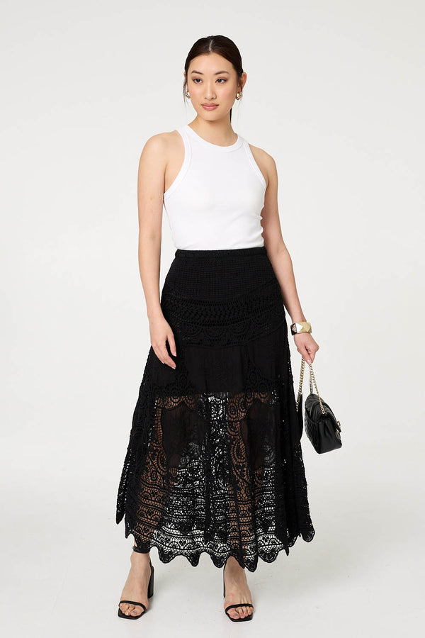 Black | Floral Crochet Mesh Layered Maxi Skirt
