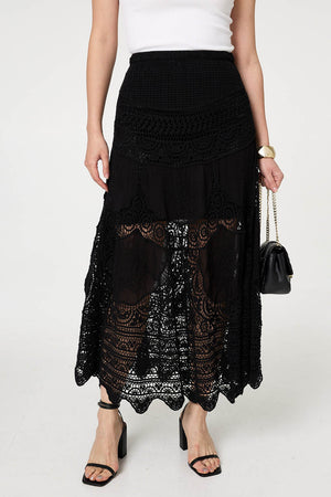 Black | Floral Crochet Mesh Layered Maxi Skirt