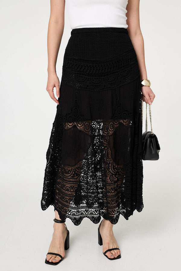 Black | Floral Crochet Mesh Layered Maxi Skirt