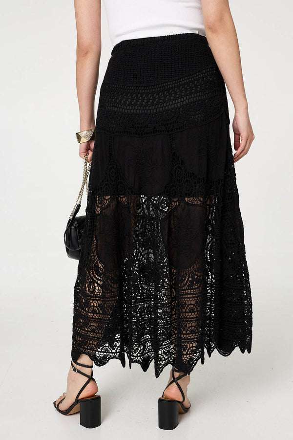 Black | Floral Crochet Mesh Layered Maxi Skirt