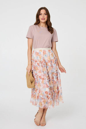 Pink | Floral Ruffled High Waist Midi Skirt