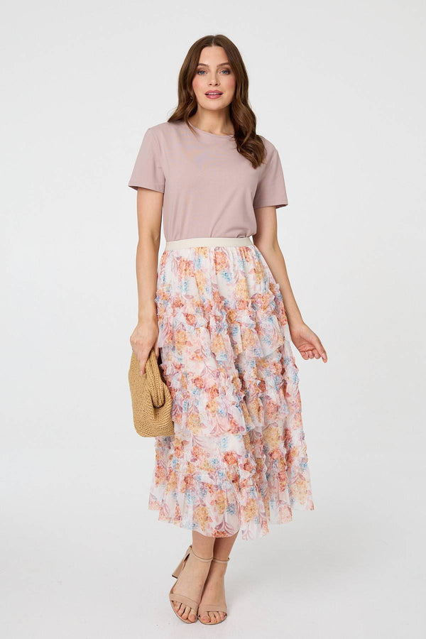 Pink | Floral Ruffled High Waist Midi Skirt