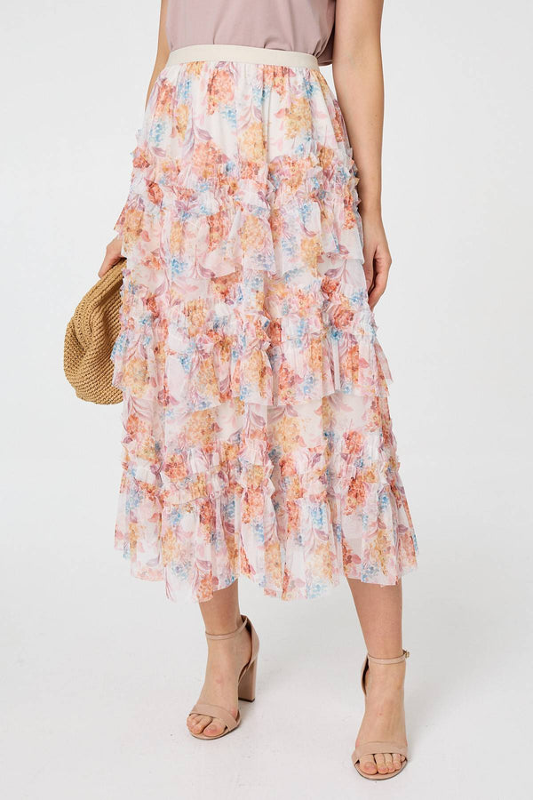 Pink | Floral Ruffled High Waist Midi Skirt