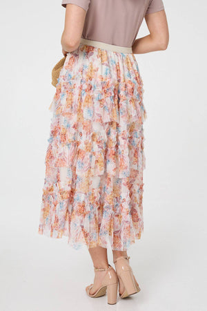 Pink | Floral Ruffled High Waist Midi Skirt