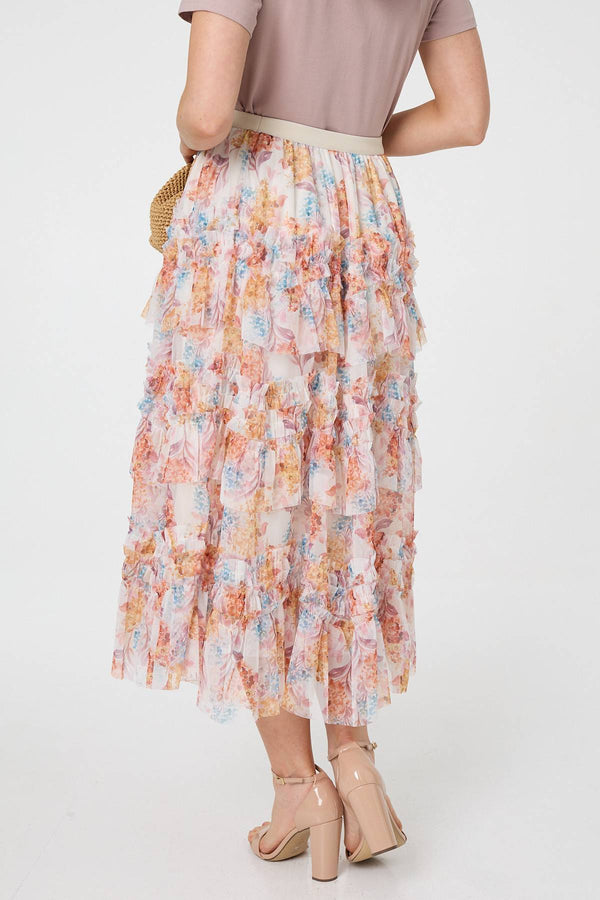 Pink | Floral Ruffled High Waist Midi Skirt