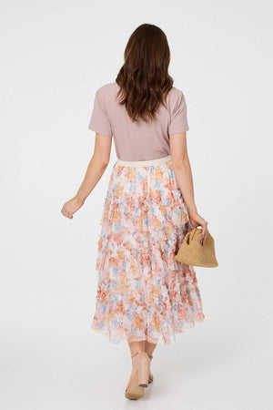 Pink | Floral Ruffled High Waist Midi Skirt