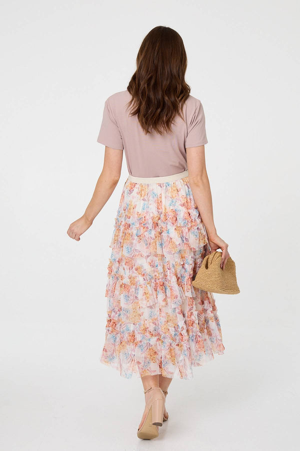 Pink | Floral Ruffled High Waist Midi Skirt