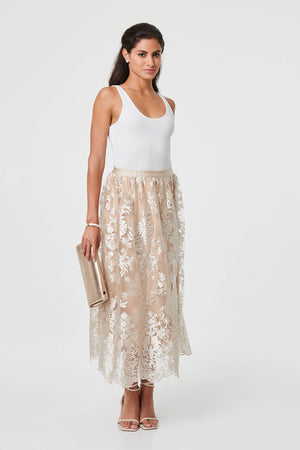 Cream | Floral Embellished High Waist Midi Skirt

