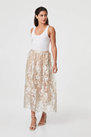 Cream | Floral Embellished High Waist Midi Skirt
