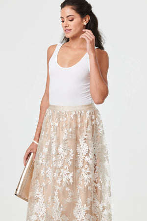 Cream | Floral Embellished High Waist Midi Skirt
