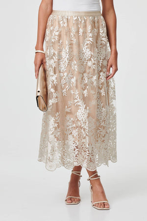 Cream | Floral Embellished High Waist Midi Skirt
