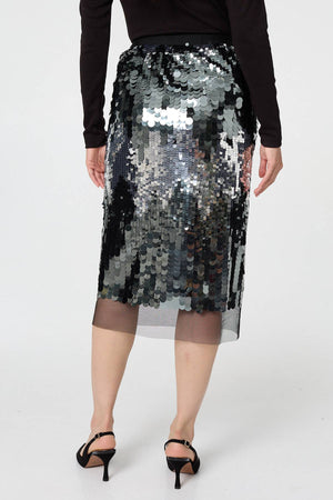 Green | Sequin Embellished Mesh Layer Midi Skirt
